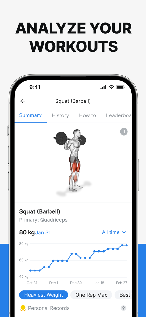 Hevy app interface showing Barbell Squat exercise summary with a weight progress graph and muscle anatomical diagram highlighting the quadriceps.