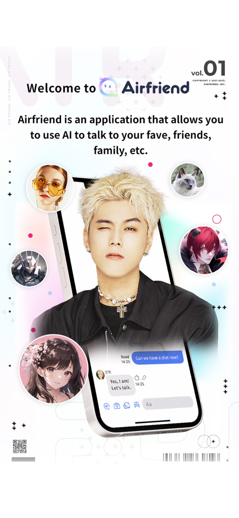 Airfriend: Real AI Characters - Airfriend app welcome screen featuring diverse AI character profiles and a chat conversation example