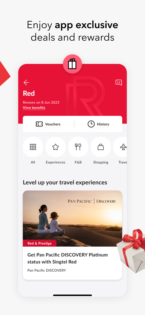 My Singtel app - 限定特典や Singtel Red 会員向けのお得な情報を紹介する My Singtel アプリのインターフェース