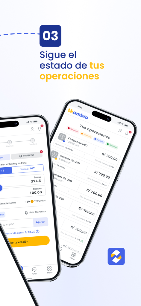 Interfaccia dell'app mobile TKambio che mostra un elenco di transazioni di cambio valuta con il loro stato attuale