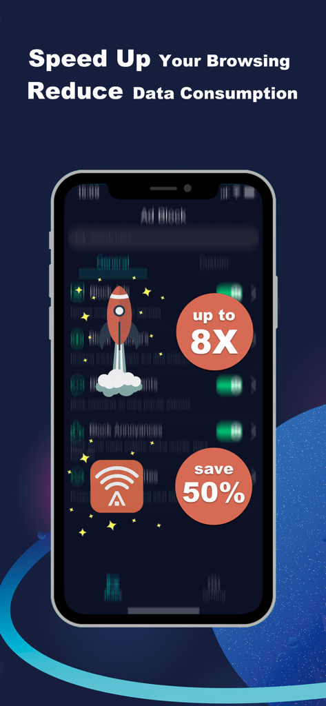 Interfaz de la aplicación Bloqueador de Anuncios que destaca una velocidad de navegación 8 veces más rápida y una reducción del 50 por ciento en el consumo de datos