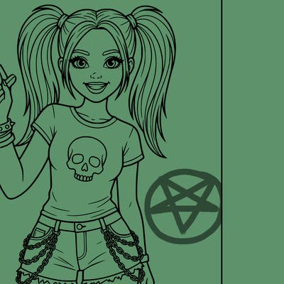 cute girl with goth clothes with chains on the shorts and skull top