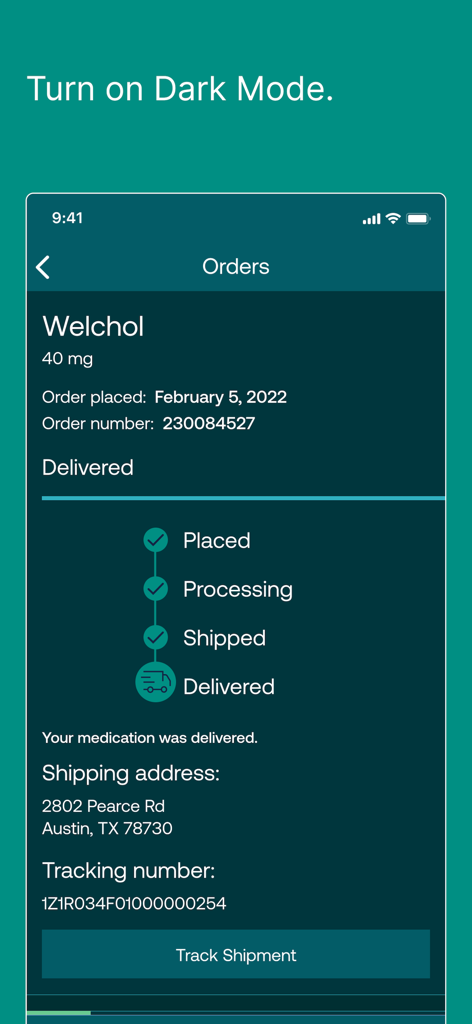 Interface de l'application Express Scripts montrant le statut des commandes de médicaments et le suivi des livraisons en mode sombre