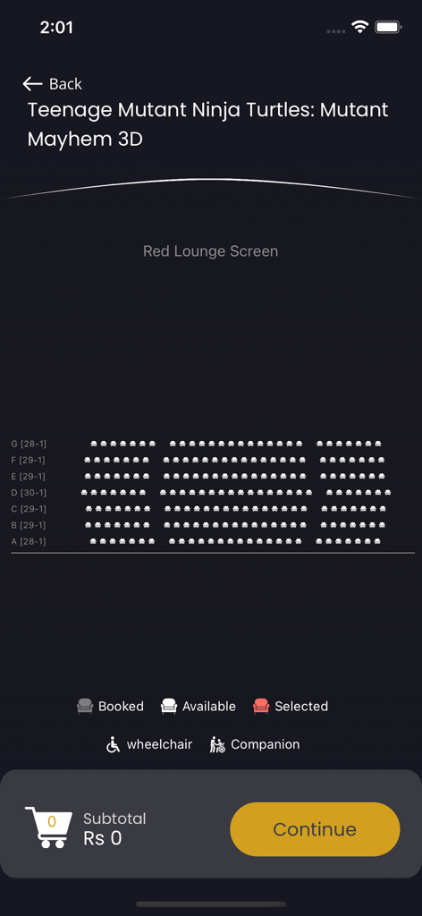 Interface for selecting seats in the Red Lounge of Raiha Cinegold Plex cinema
