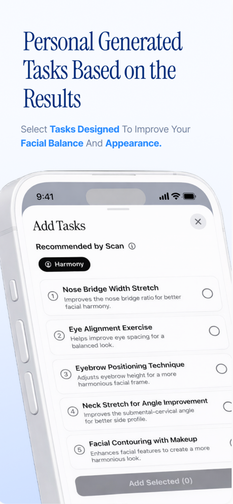LooksLab - A mobile screen showing a list of AI-generated facial exercises and grooming tasks in the LooksLab app.
