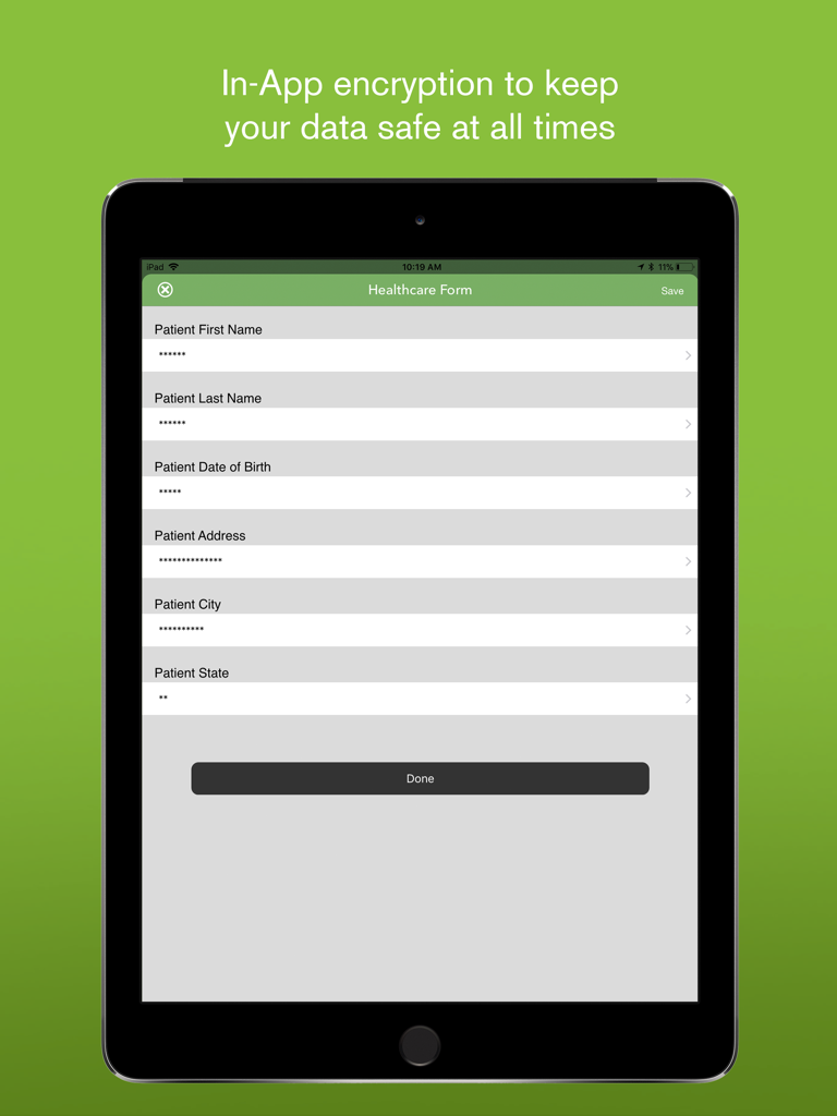 iPad zeigt ein sicheres Gesundheitsformular in iForm Kiosk mit In-App-Datenverschlüsselung und maskierten Patientenfeldern