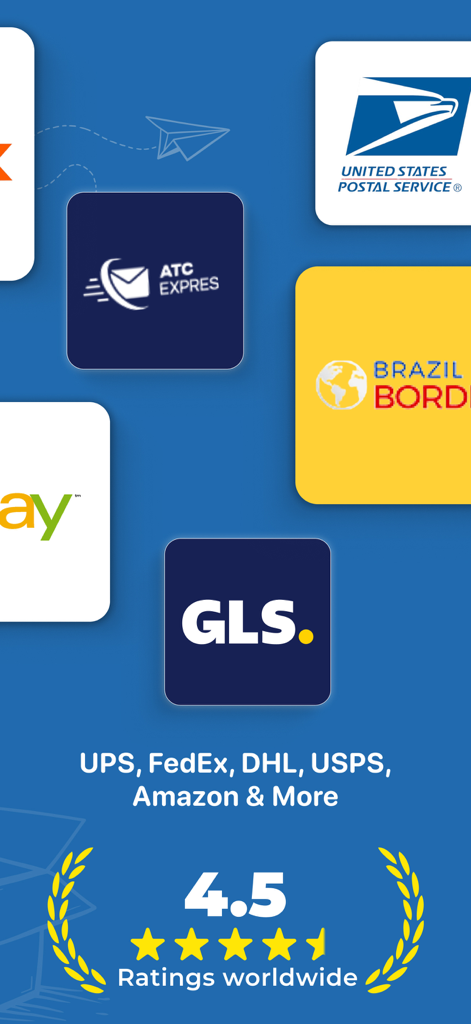 Package Tracker・Track Delivery - Package tracker app screen showing various shipping carrier logos and a 4.5 star rating.