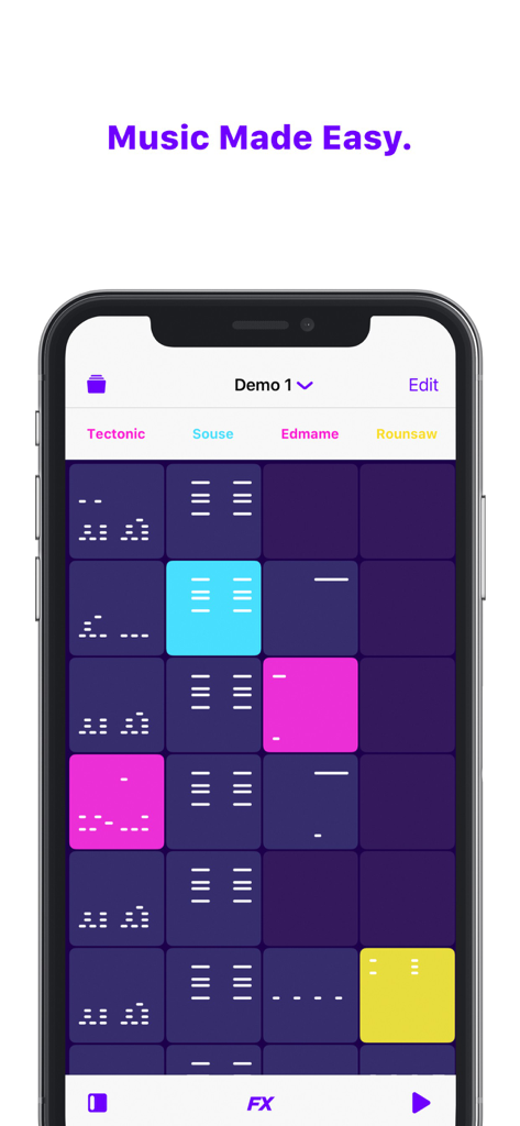 Beatwaveモバイルアプリのインターフェース。カラフルなブロックが表示された、鮮やかな音楽制作グリッド