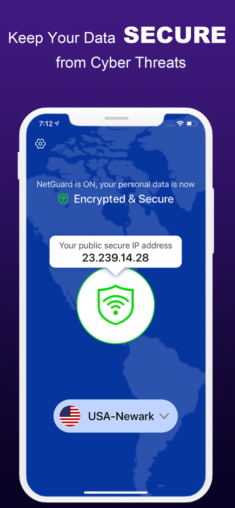 NetGuard VPNアプリのインターフェース。暗号化され安全な接続ステータスが表示され、米国ニューアークサーバーが選択されています