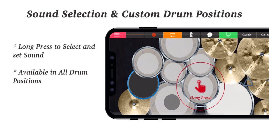 Smartphone-Interface der Drum Set App, das benutzerdefinierte Drum-Positionen und Soundauswahl durch langes Drücken zeigt.