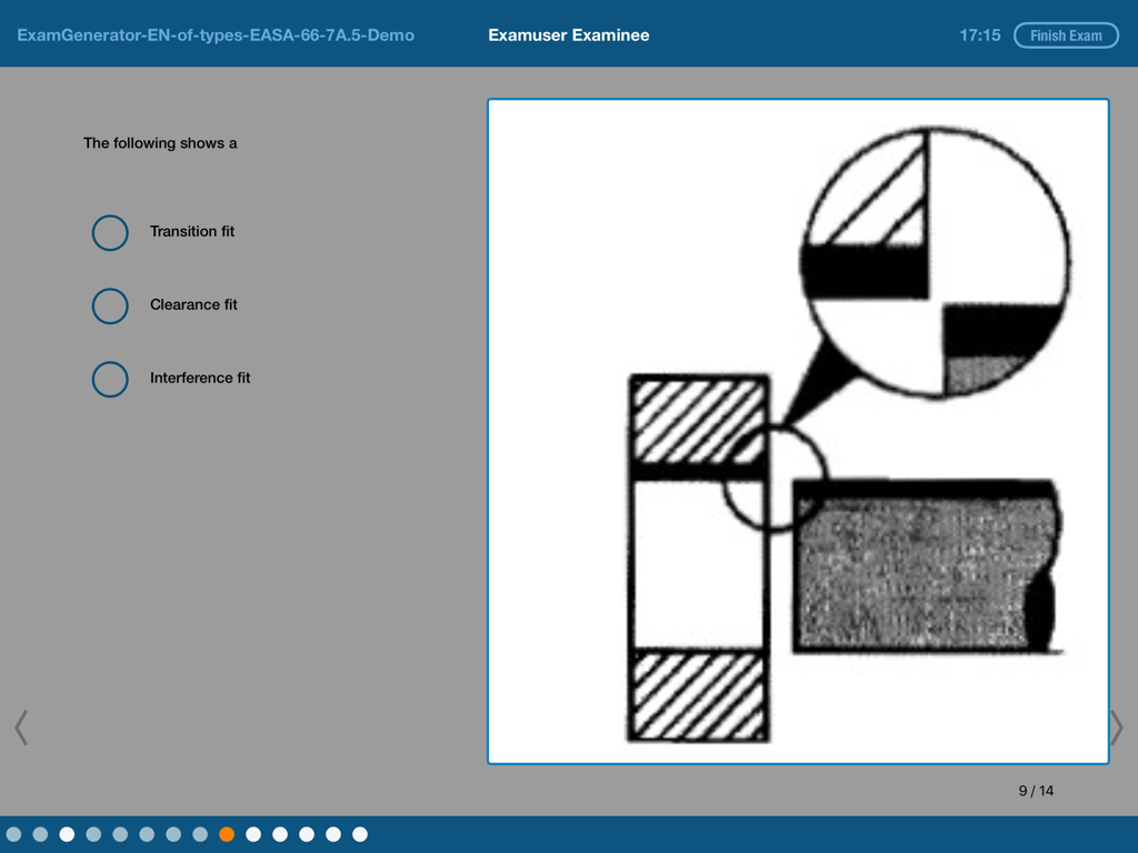 A digital examination screen in the Training Manuals app featuring a multiple-choice technical question and a mechanical fit diagram.