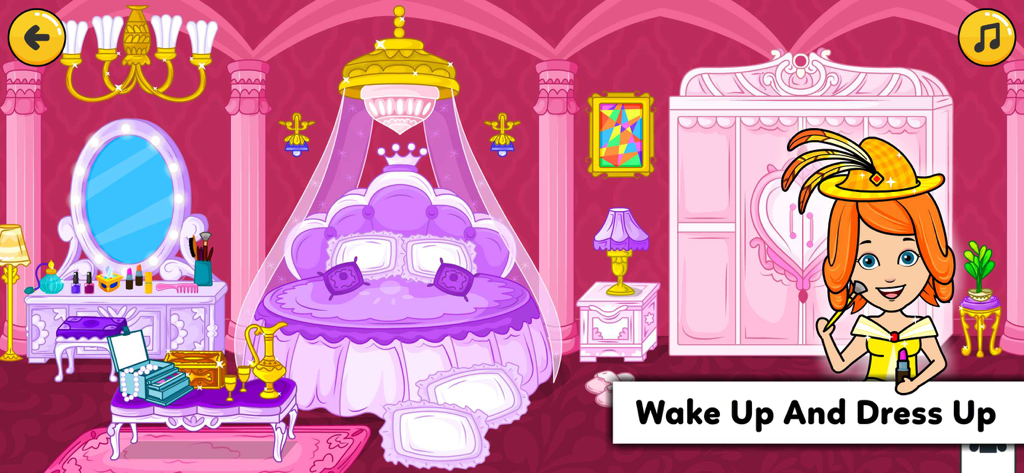 Tizi Town - Dream Castle House - Cartoon princess bedroom in Tizi Town with a girl character getting ready at a vanity
