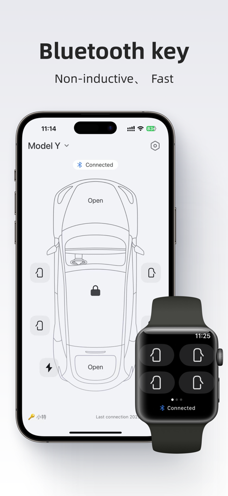 Key for Tesla app displayed on iPhone and Apple Watch showing vehicle control interface