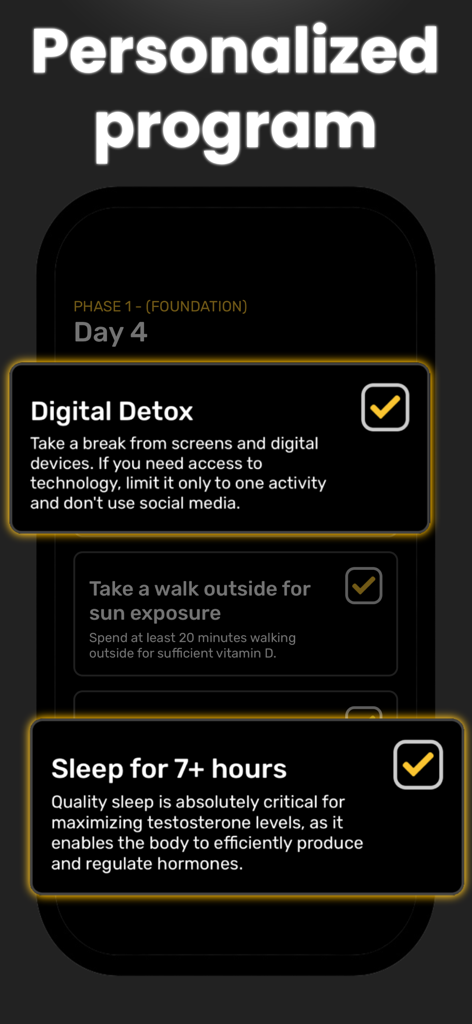 TestPeak mobile app interface showing a personalized daily task list for a 30 day health program