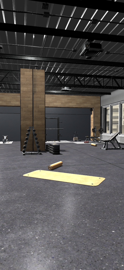 Want to Train my body - Vista interior de un gimnasio con una colchoneta amarilla y estanterías de pesas en una sala de escape.