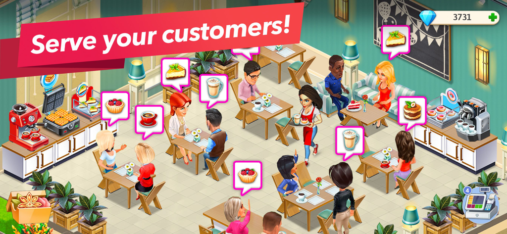 A busy restaurant scene in My Cafe game where a waitress serves customers sitting at tables with various coffee and cake orders.
