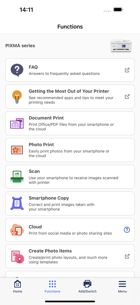 Functions menu of the Canon PRINT app listing printing scanning and cloud features