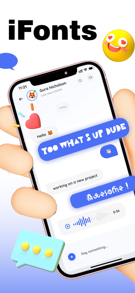 iFonts: Text Fonts & Keyboard - 스마트폰에 채팅 애플리케이션에서 사용자 정의 장식 글꼴과 이모티콘이 표시되어 있음