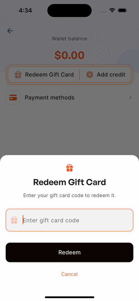 Tap and GO Smart Taxi app screen showing the redeem gift card popup over the wallet balance page