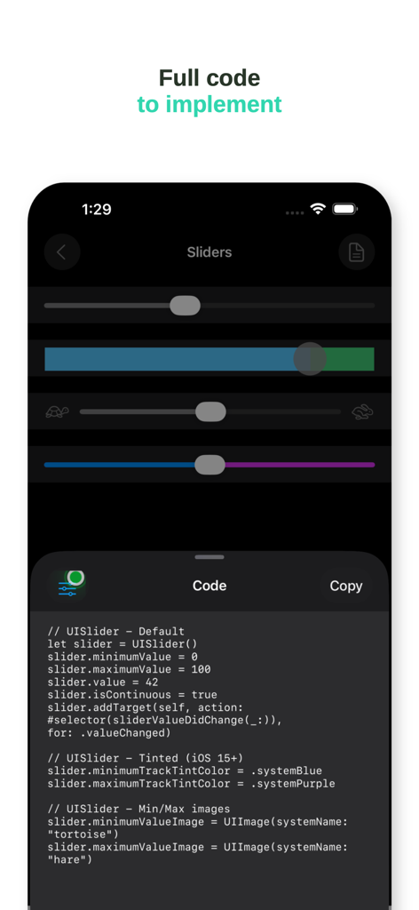 Catalog - UI - Screen showing slider UI components and corresponding Swift code snippets for implementation