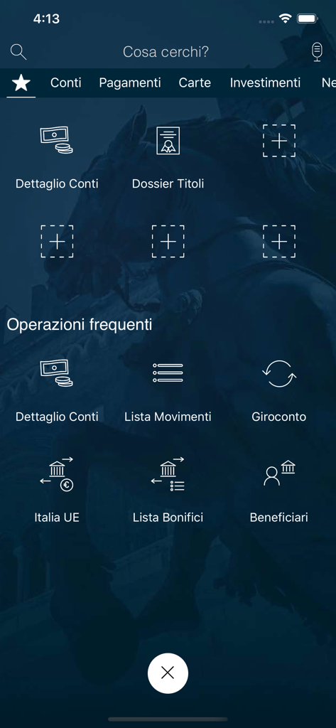 Banca di Piacenza - Dashboard dell'app mobile Banca di Piacenza che mostra il menu bancario e le operazioni frequenti