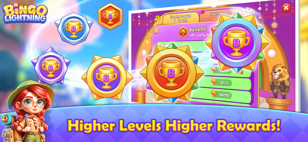 Bingo Lightning - Pantalla del juego Bingo Lightning que muestra varias insignias de trofeos y un personaje explorador con el texto Niveles Más Altos, Recompensas Más Altas.