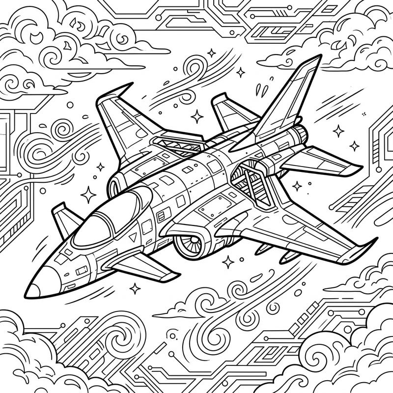 Discover the thrill of flight with our experimental aircraft coloring page, featuring a cutting-edge design ready for your artistic touch. This intricate linear illustration combines advanced aerospace concepts with captivating background elements for an engaging coloring experience.