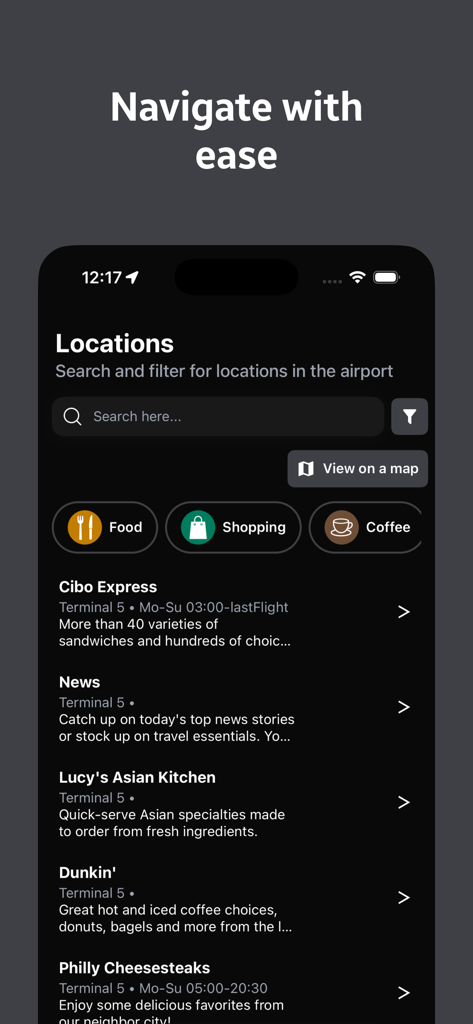 NavPort アプリのインターフェイスに、食品やコーヒーのフィルターを備えた空港のショップやレストランのリストが表示されている。
