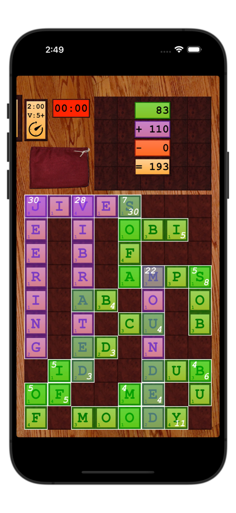 WordXing - WordXing word-crossing game board on an iPhone screen showing various words and a high score