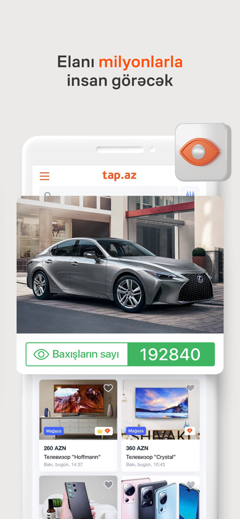 Tap.az mobile app interface showing a car advertisement with over 192,000 views and various shopping listings.