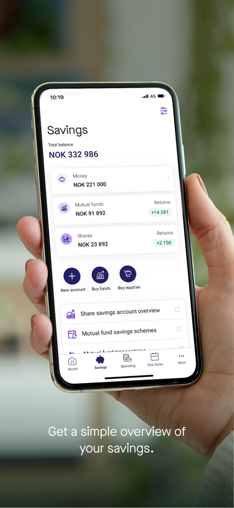 Mobile phone showing Sbanken app savings screen with mutual funds and shares portfolio