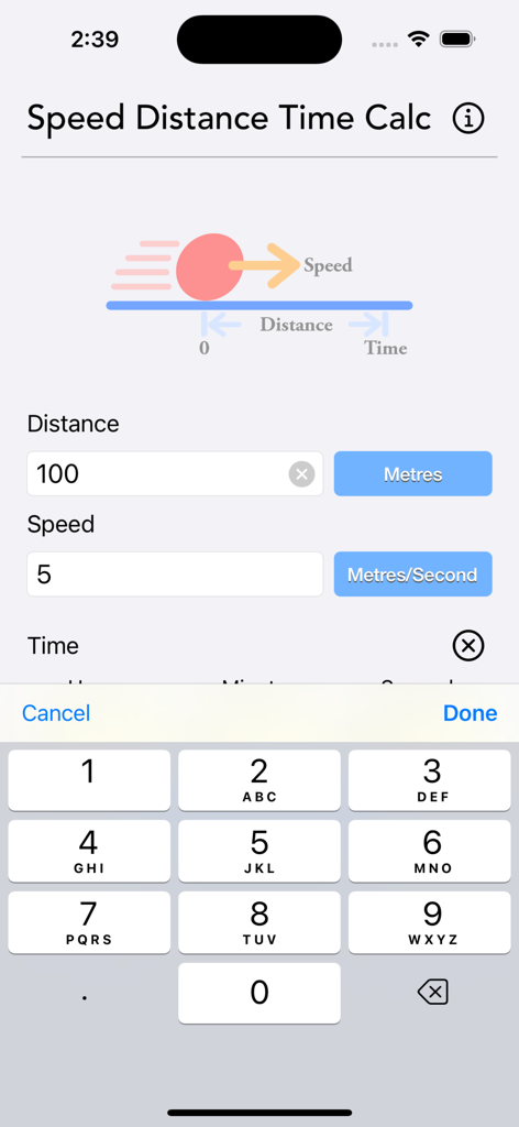 Speed Distance Time Calc - Speed Distance Time Calc mobile app interface showing calculation inputs and keypad