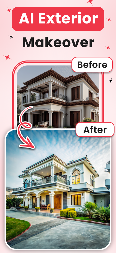 Home AI : AI Interior Design - Before and after comparison of a house exterior redesign using AI