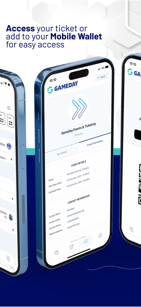 GameDay App - Three iPhones displaying the GameDay app interface for digital event tickets and mobile wallet integration