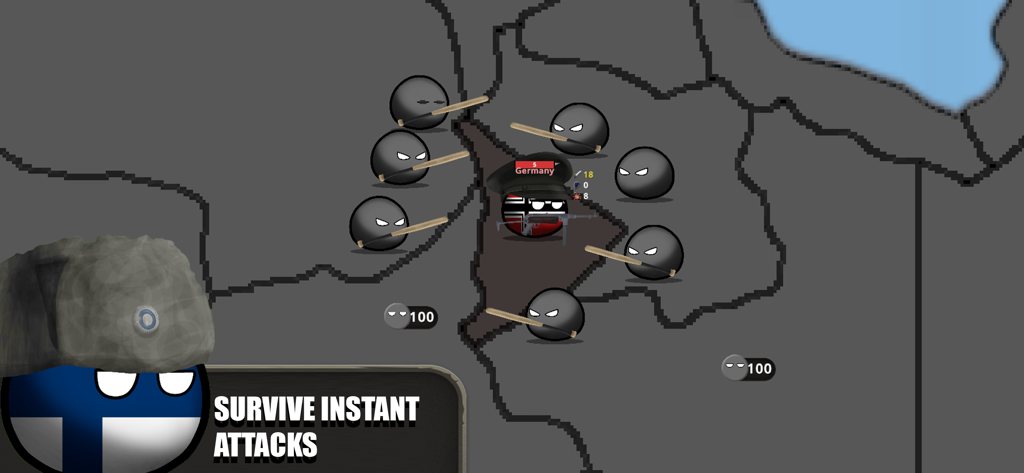 Countryball: World 1930 - Gameplay screenshot of Countryball World 1930 showing a German character defending against an ambush on a world map