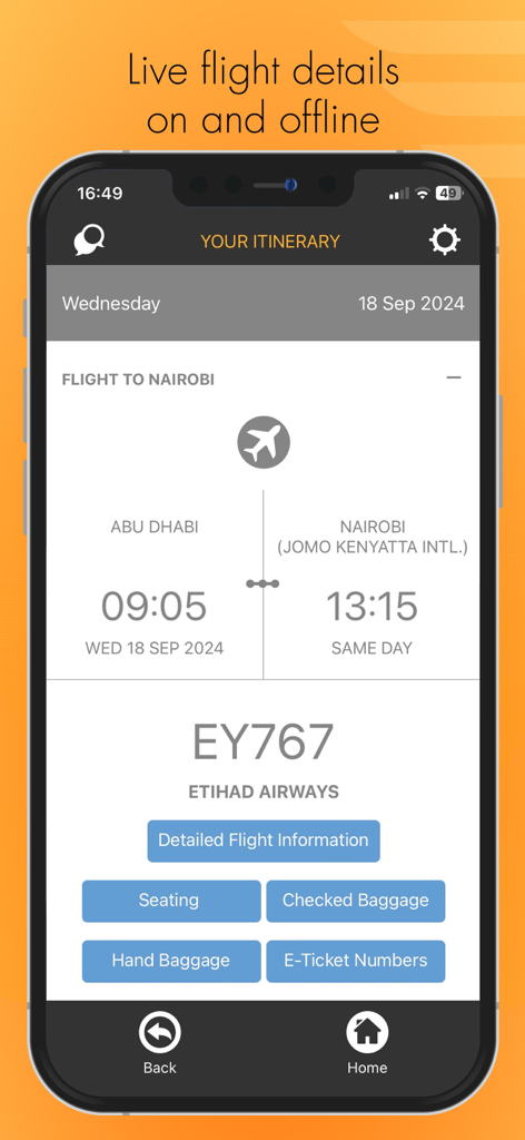 Screenshot of the ViewTrail app showing live flight details for an Etihad Airways journey to Nairobi