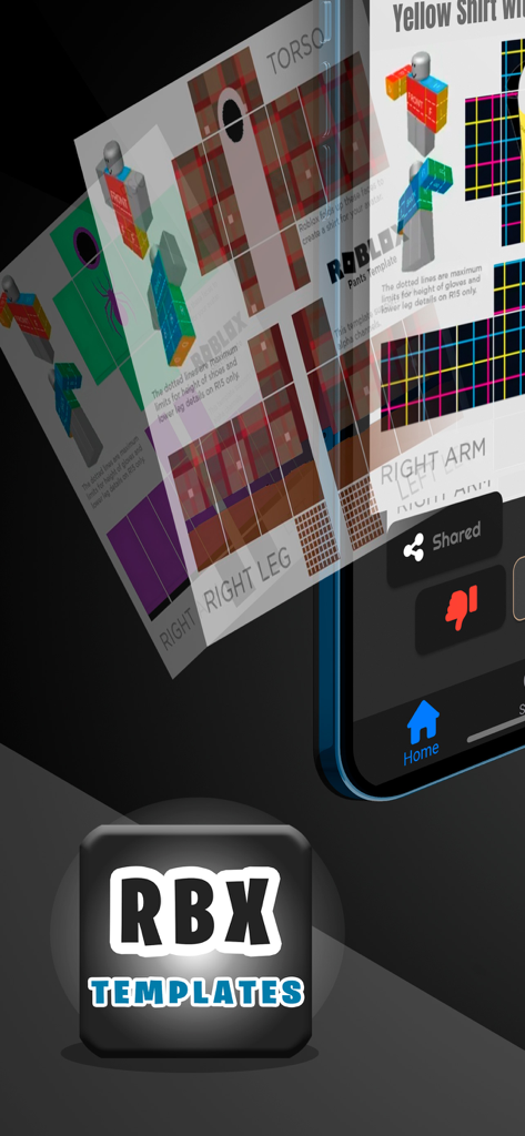 Uma vitrine de vários templates de roupas do Roblox e a interface móvel do aplicativo para criar skins.