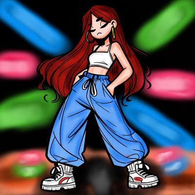 girl in baggy pants crop top and long hair