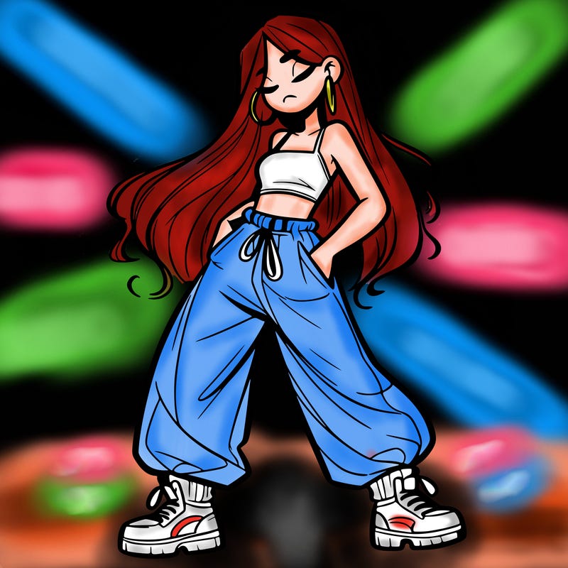 girl in baggy pants crop top and long hair