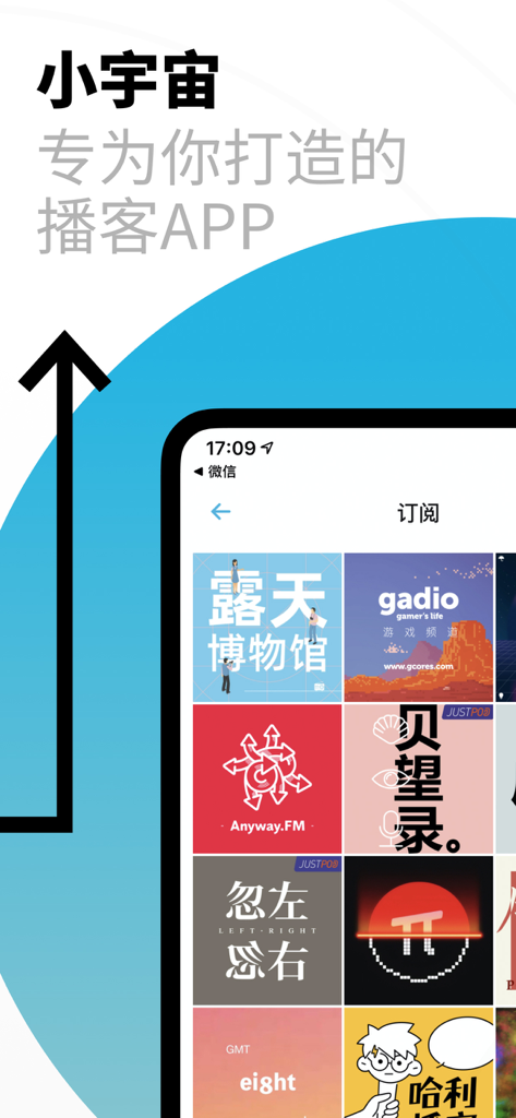 A screenshot of the Xiaoyuzhou podcast app displaying a grid of subscribed channels