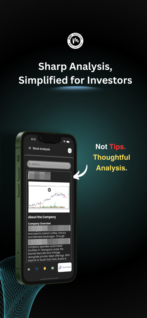 Mint Investing - Mint Investing app interface showing a detailed stock analysis report with a price chart and company overview for NSE and BSE stocks