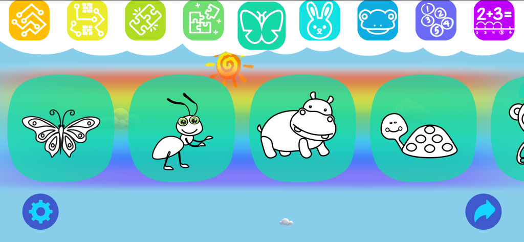 Drawing Games For Kids App - Menú de selección de animales en la App de Juegos de Dibujo para Niños con una mariposa, hormiga, hipopótamo y tortuga en un colorido fondo de arcoíris.