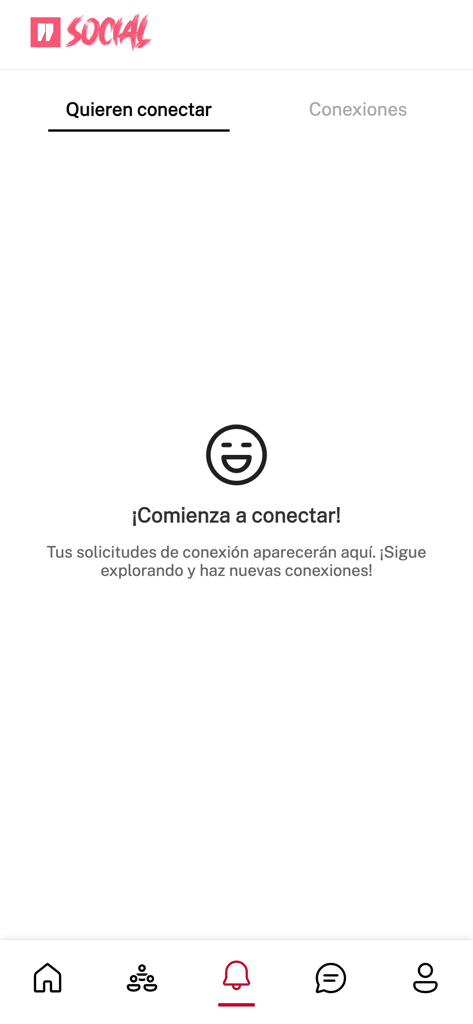 WodBuster Social - Tela de solicitações de conexão vazia no aplicativo WodBuster Social com um ícone de smiley e uma chamada para ação para começar a se conectar.