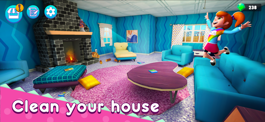 A messy virtual living room in Homemaker Mother Simulator with a girl character and the text Clean your house