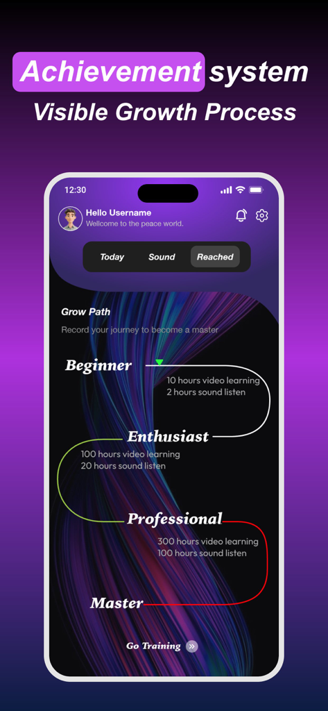 Uka - Adult Sport，Girl Chat - Uka app interface showing the achievement system and skill growth levels from beginner to master.
