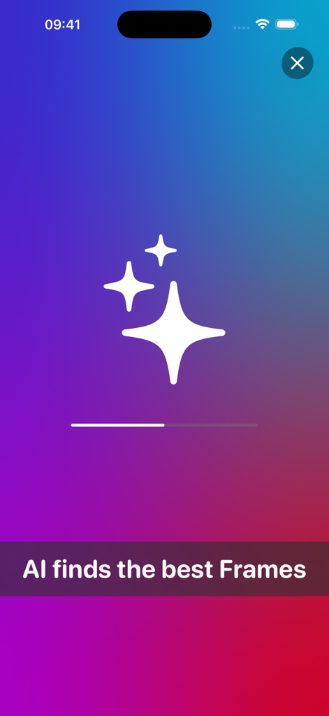 Tela de carregamento do aplicativo Key Frame com barra de progresso e ícones de brilho mostrando a IA encontrando os melhores frames de um vídeo