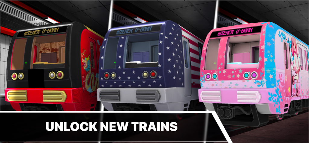 Tres trenes de metro con skins coloridas únicas para desbloquear en el juego Metro de Viena