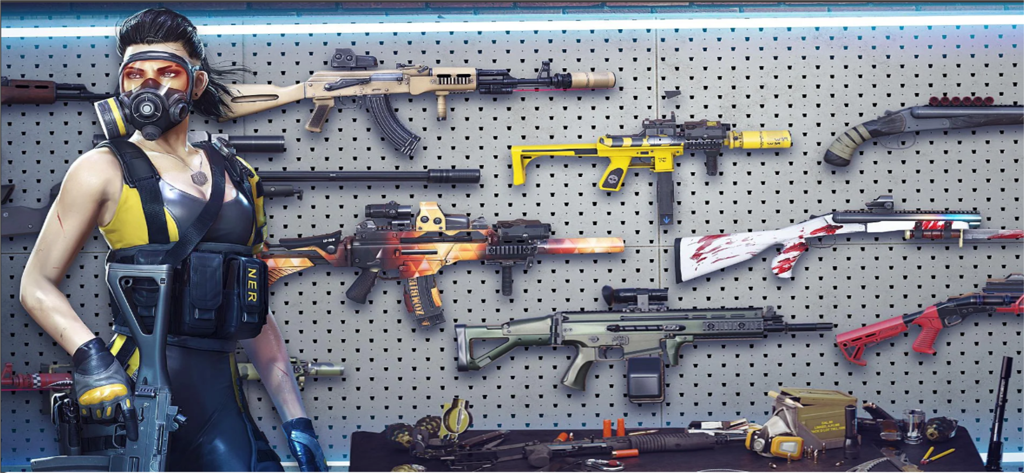 Dead Zombie Trigger 3:Survival - A character in a gas mask stands before a wall of rifles and guns in Dead Zombie Trigger 3