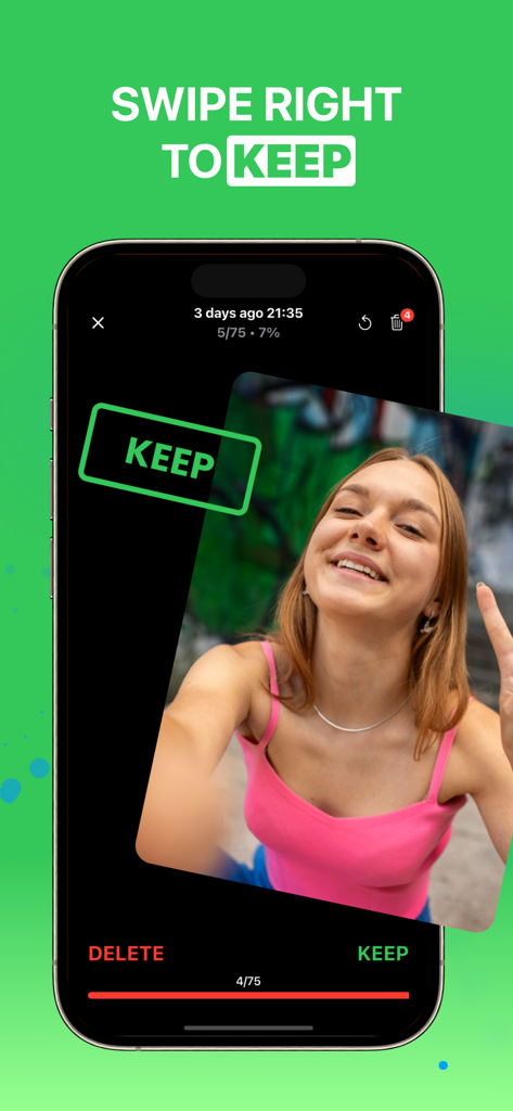Folix - Smartphone showing Folix app with swipe right to keep photo feature