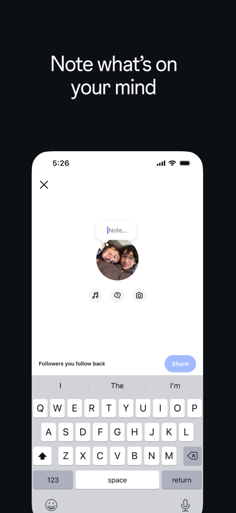 A screenshot of the Instagram app interface showing the Notes feature with a text input field and a mobile keyboard.